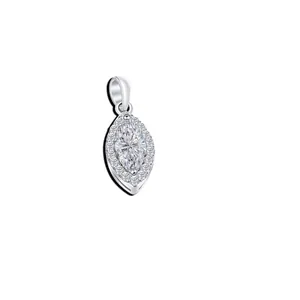Detailed macro shot of marquise cut moissanite pendant with halo diamonds in silver