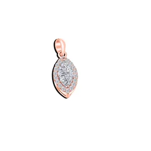 Close-up of marquise-cut moissanite halo pendant in rose gold plated silver