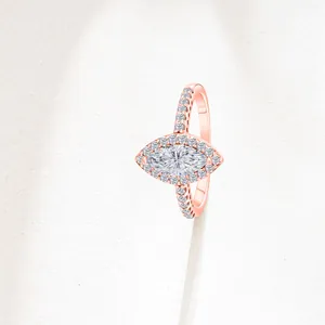 Detailed macro view of S925 sterling silver marquise cut halo moissanite ring