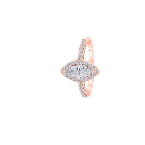 Rose gold S925 sterling silver ring with marquise-cut moissanite stone in a halo setting