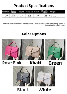 Detailed size chart and five-color display of the chic PU leather crossbody envelope bag