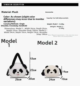 Größenangaben für süße Panda-Plüschtaschen mit Abmessungen und Gewichtsangaben