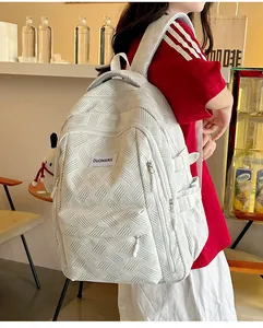 Close-up of a white woven texture backpack with multiple compartments and side buckles