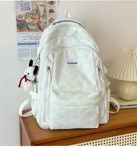 Detail of mint green backpack with woven texture and a cute white puppy keychain charm