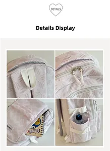 Detail view of purple backpack with metal zippers, side pockets and front storage