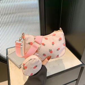 Borsa a Tracolla in Velluto a Coste con Stampa Fragola Donna Minimalista Con Portamonete Casual Borsa Sottoascellare Quotidiana