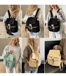 Detailed views of vintage canvas drawstring backpack in black, green, khaki, and beige colors