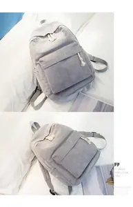 Detail of grey corduroy backpack showing soft ribbed texture and zipper with tassel detail