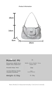 Detailed dimension guide for silver marble pattern baguette bag with butterfly metal buckle