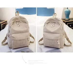 Detailed macro view of beige corduroy backpack texture and woven zipper pullers