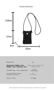 Vista dettagliata della mini borsa porta cellulare in PU nero con perla e misure