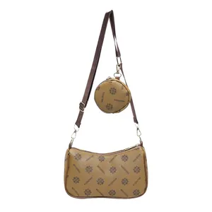 Vintage printed hobo bag set with wide strap and round coin purse in brown leather