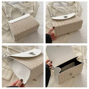 Multi-angle views of woven straw crossbody bag with white leather and silver metal lock