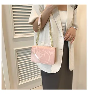 Pink crossbody bag with embossed patterns, gold chain strap, and metallic trim detail