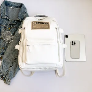 Detailed view of white minimalist backpack featuring multi-pockets and side buckles