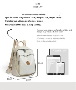 Size chart showing large backpack dimensions and capacity compared to A4 paper and iPad