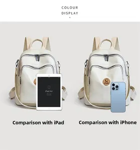 Comparison of beige leather travel backpack size with iPad Air and iPhone mockup