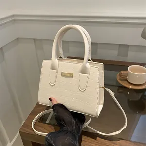 Chic beige stone pattern square handbag for women with gold clasp and top handle strap