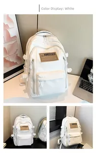 Detail of white PU leather backpack featuring fashion label and multi-layer zipper pockets
