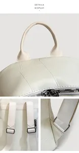 Close-up of cream white leather backpack detailing metallic zippers and reinforced straps