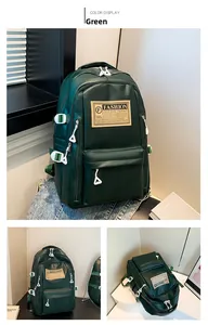 Detailed views of a dark green soft PU backpack featuring white buckle straps and front label
