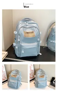 Detail of light blue multi-pocket backpack with side buckle and white zipper pullers