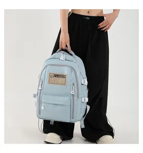 Detail view of a light blue soft PU backpack featuring multiple functional zippers
