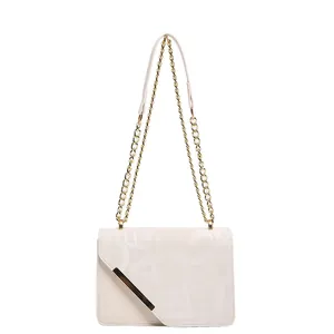 Cream white chain shoulder bag with letter print and golden metal diagonal trim detail