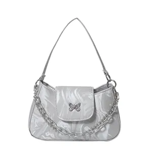 Silver marble pattern shoulder bag with a metal butterfly buckle and Y2K metal chain strap