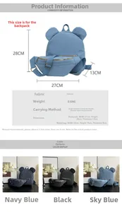 Size chart showing canvas backpack and waist bag dimensions with material specifications