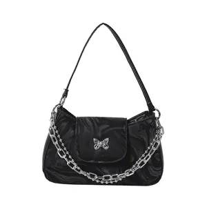 Fashionable black marble pattern underarm bag with silver butterfly buckle and chain strap