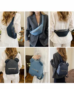Multiple carrying styles for denim crescent fanny pack and bear-eared backpack combo