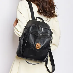 Women Large Capacity PU Leather Backpack Casual Travel Crossbody Bag Fashion Streetwear Patchwork Backpack With Metal Badge