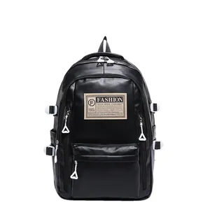 Modern black soft PU leather backpack with fashion label and large capacity storage