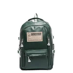 Large dark green PU leather backpack with fashion label and front zip pocket