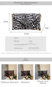 Size chart showing leopard print clutch dimensions 21x13x1cm with PU leather material details
