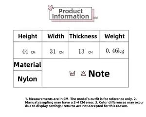 Size chart for the large nylon backpack showing dimensions 44x31x13cm and 0.46kg weight
