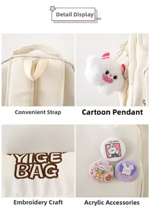 Detail view of canvas backpack featuring reinforced handle and cartoon bunny accessories