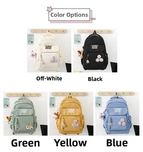 Detailed color display of school backpacks in off-white, black, green, yellow, and blue