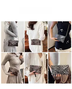Collage of model wearing large leopard print envelope clutch with gold metal chain strap