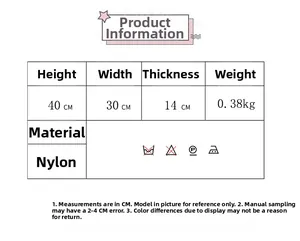 Size chart for high-capacity nylon backpack detailing height, width, and material info