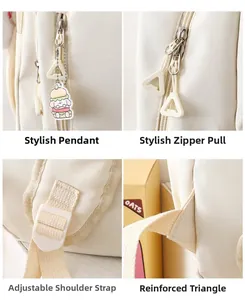 Detail view of backpack featuring a cute dog charm, unique zipper, and reinforced straps