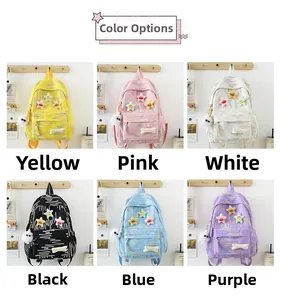 Detailed color selection showing six pastel student backpacks with stylish star charms