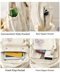 Detail view of large cream canvas backpack showing multiple pockets and storage space
