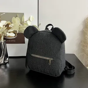 Mini black denim backpack for women with cartoon ears and adjustable straps