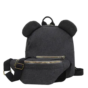 Fashionable denim backpack and waist bag set with cute round ears in minimalist black
