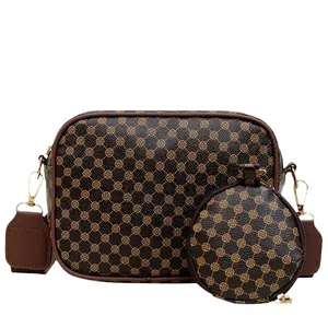 Retro brown crossbody square bag with clover pattern and matching round coin pouch