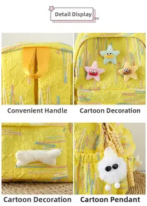 Detail view of yellow backpack with textured fabric, star charms and plush monster pendant