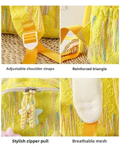 Detail of adjustable yellow straps and reinforced stitching on the embroidered backpack