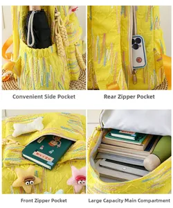 Detail view of yellow quilted backpack featuring side pockets and anti-theft back pocket